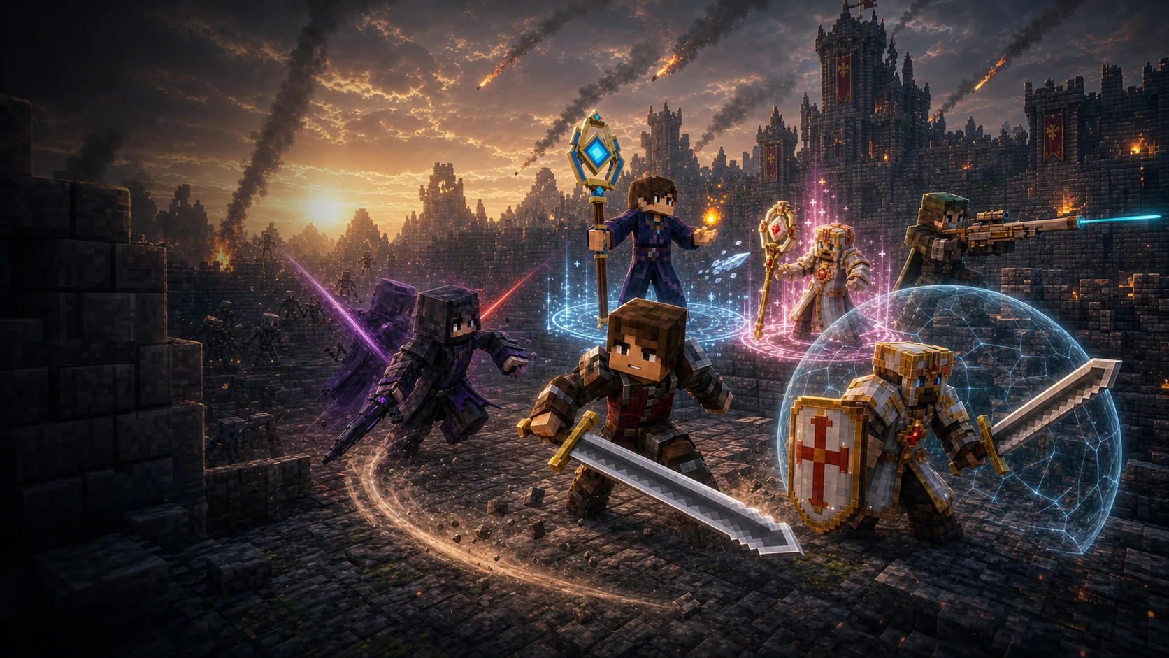 Guerreiro, Templário, Mago, Clérigo, Atirador e Assassino defendendo juntos o castelo do ReinoMC